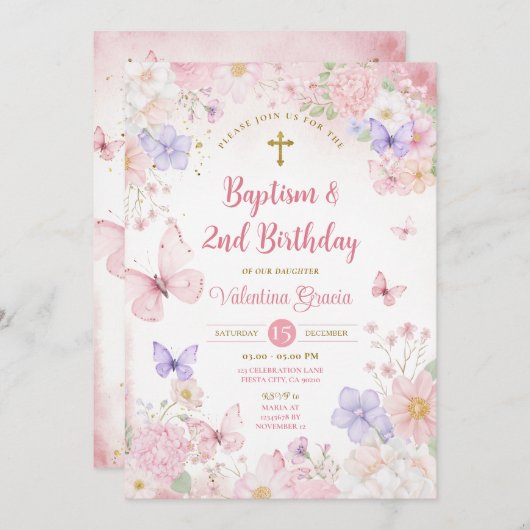 Blush Pink Butterfly Girl 2nd Birthday Baptism Kaart (Voorkant / Achterkant)