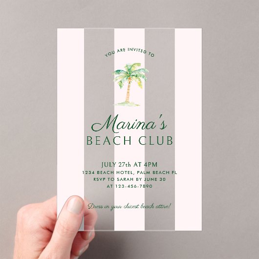 Blush Pink Cabana Stripes Palm Beach Club Verjaard Acryl Uitnodigingen (Insitu (Draagbaar))