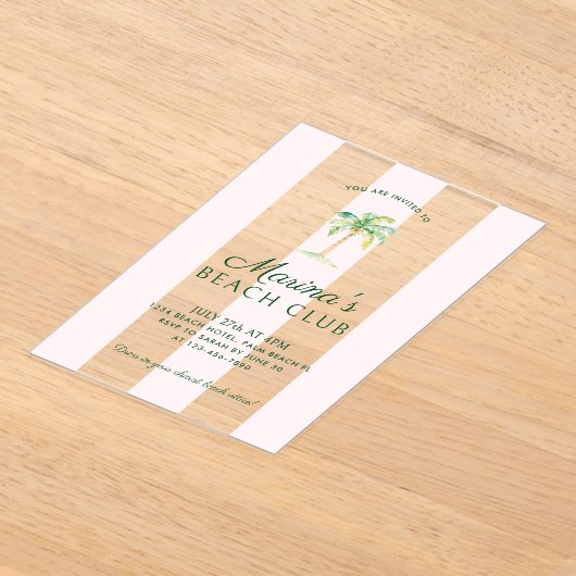 Blush Pink Cabana Stripes Palm Beach Club Verjaard Acryl Uitnodigingen (Laagn)