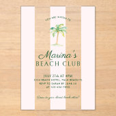 Blush Pink Cabana Stripes Palm Beach Club Verjaard Acryl Uitnodigingen (Voorkant)
