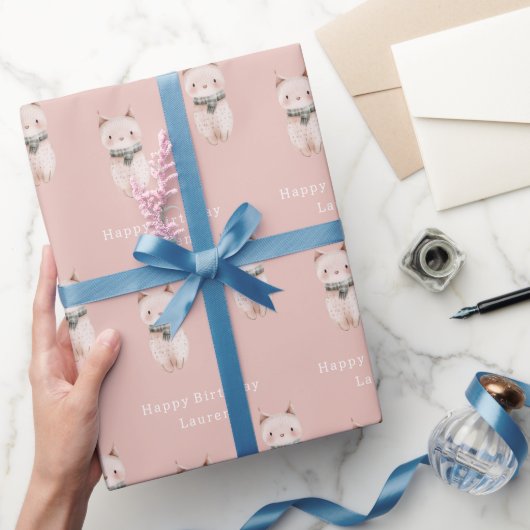 Blush Pink Cat Verjaardag Cadeaupapier (Geschenken)