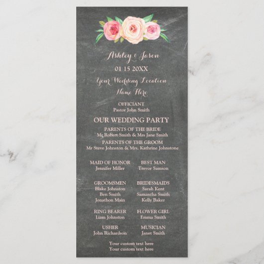 Blush Pink Chalkboard Bloemen Trouwprogramma Programma (Achterkant)