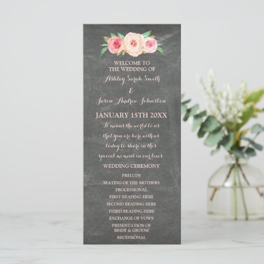 Blush Pink Chalkboard Bloemen Trouwprogramma Programma (Staand voorkant)