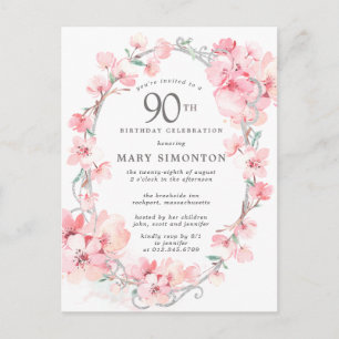 Blush Pink Cherry Blossom Floral 90th Birthday Uitnodiging Briefkaart