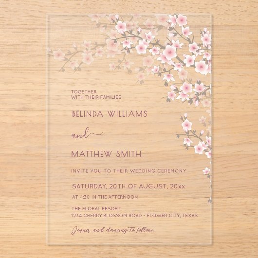 Blush Pink Cherry Blossom Wedding Acryl Uitnodigingen (Voorkant)