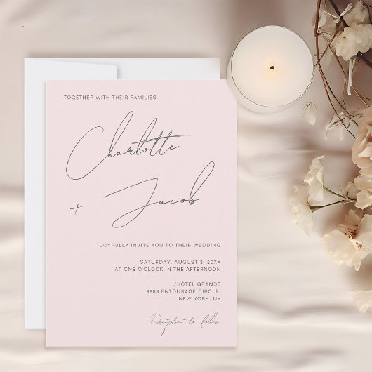 Blush Pink Chic Minimalist Elegant Script Wedding Kaart