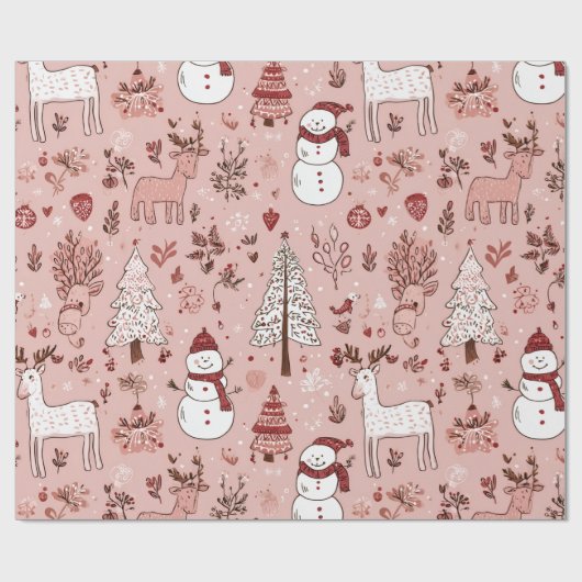 Blush Pink Christmas | Reindeer & Snowman Cadeaupapier (Vlak)