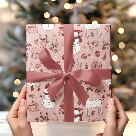 Blush Pink Christmas  | Reindeer & Snowman Cadeaupapier