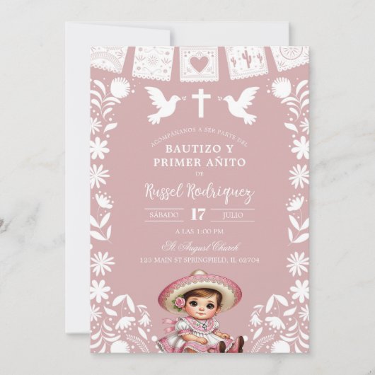 Blush Pink Cielito Lindo Bautizo y Primer Anito Kaart (Voorkant)