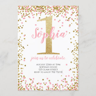 Blush Pink Confetti Girl First Birthday Gold Kaart