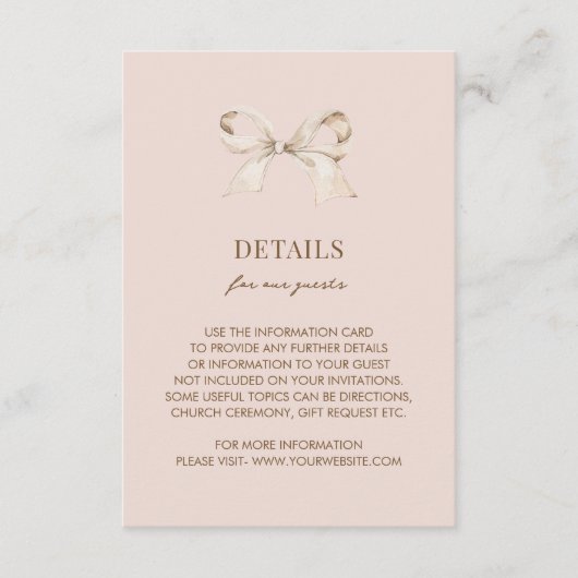 Blush Pink Coquette Bow Wedding Details Informatiekaartje (Voorkant)