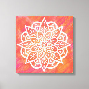 Blush Pink Coral White Mandala Waterverf  Canvas Afdruk