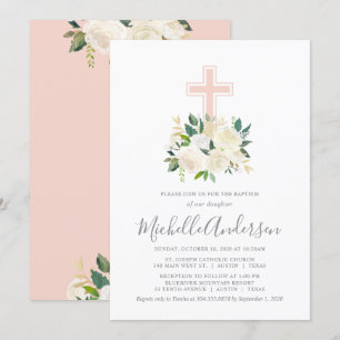 Blush Pink Cross met Cream Florals, Girl Baptism Kaart