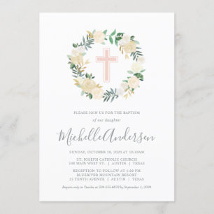 Blush Pink Cross met Cream Florals, Girl Baptism Kaart