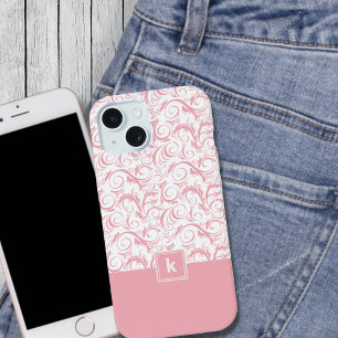 Blush Pink Damask Pattern Monogram iPhone 14 Hoesj 15 Hoesje
