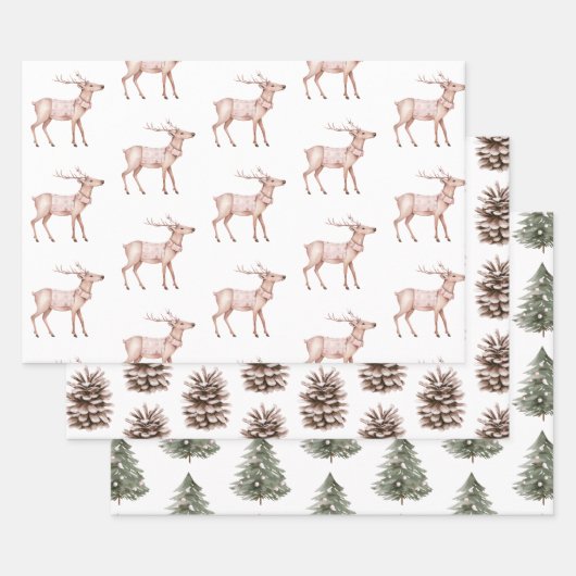 Blush Pink Deer Pine Cones Kerstbomen Inpakpapier Vel (Set)