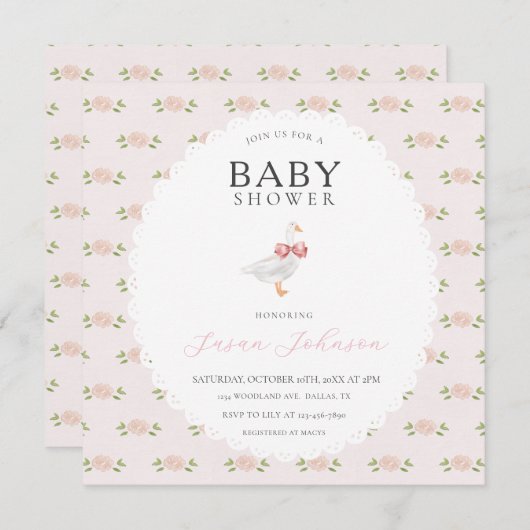 Blush Pink Delicate Floral White Goose Baby shower Kaart (Voorkant / Achterkant)