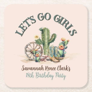 Blush Pink Desert Cactus Theme Party Keepsake Vierkante Kartonnen Onderzetter
