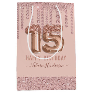 Blush Pink Diamond Drips Happy 15th Birthday Medium Cadeauzakje