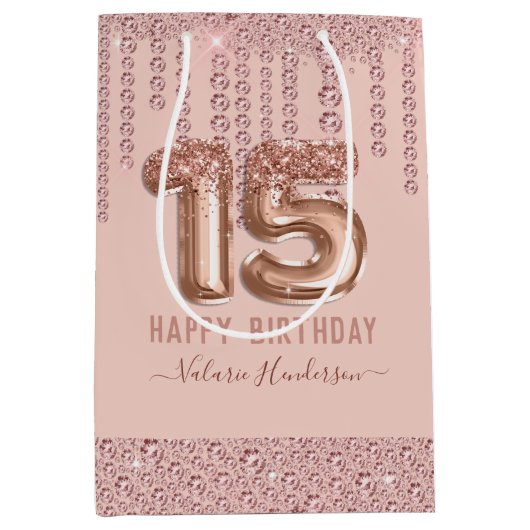 Blush Pink Diamond Drips Happy 15th Birthday Medium Cadeauzakje (Voorkant)