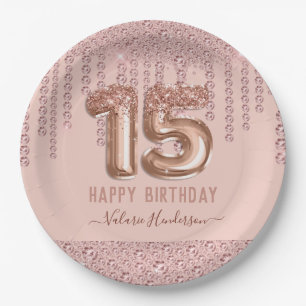 Blush Pink Diamond Drips Happy 15th Birthday Papieren Bordje