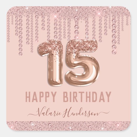 Blush Pink Diamond Drips Happy 15th Birthday Vierkante Sticker (Voorkant)