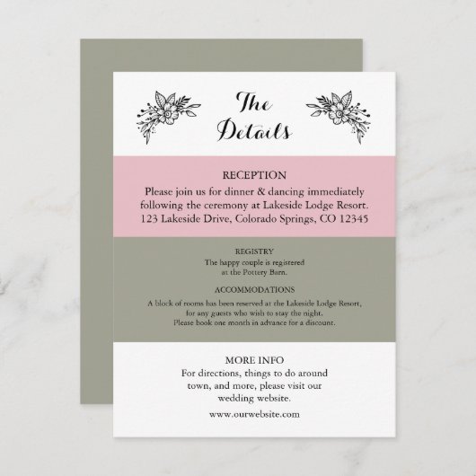 Blush Pink Dusty Sage Green Wedding Enclosure Kaar Informatiekaartje (Voorkant / Achterkant)