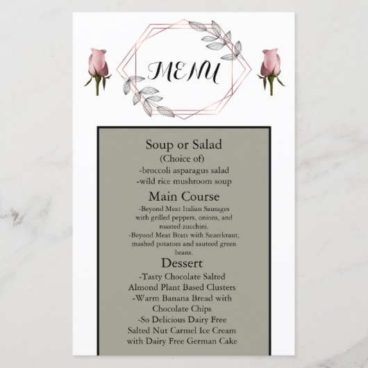 Blush Pink Dusty Sage Wedding Menu met Rozen (Voorkant)