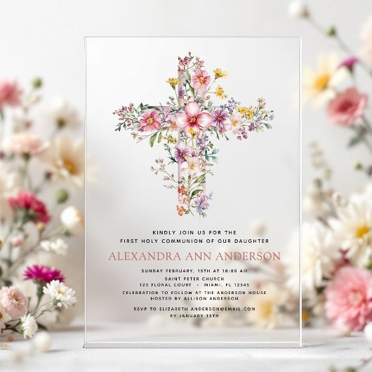 Blush Pink Eerste Heilige Communie Roos Groen Acryl Uitnodigingen