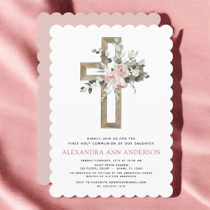 Blush Pink Eerste Heilige Communie Roos Groen Kaart