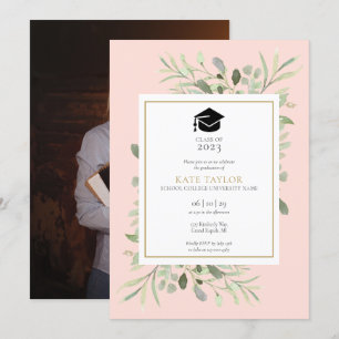 Blush Pink Elegant Greenery Foto Graduy Party Kaart