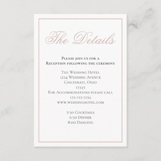 Blush Pink Elegant Kalligrafie Details RSVP Informatiekaartje (Voorkant)
