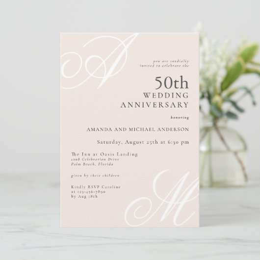 Blush Pink Elegant Monogram 50e Jubileum Kaart (Staand voorkant)