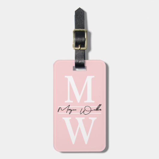 Blush Pink Elegant Monogram Naam Bagagelabel (Voorkant verticaal)