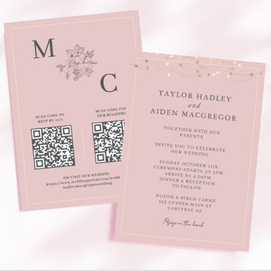Blush Pink Elegante QR Code Wedding Kaart