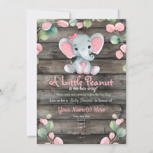 Blush Pink Elephant Baby shower uitnodiging, rusti Kaart (Voorkant)