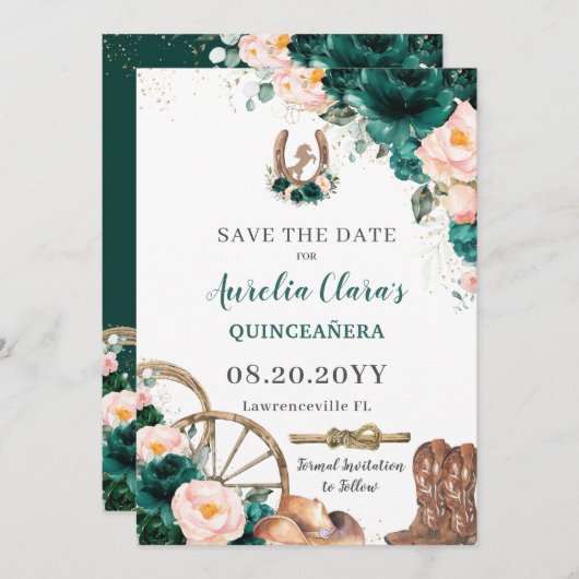 Blush Pink Emerald Green Wild West Quinceañera Save The Date (Voorkant / Achterkant)