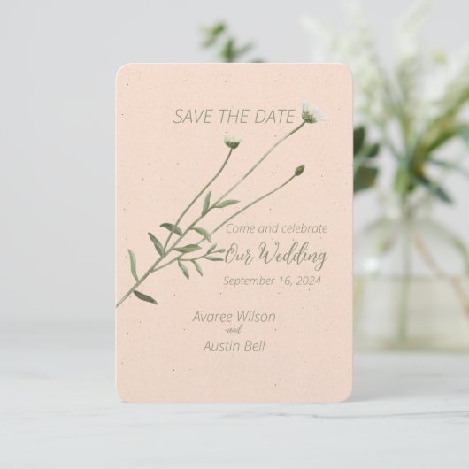 Blush Pink en een eenpersoons Daisy Save The Date (Staand voorkant)