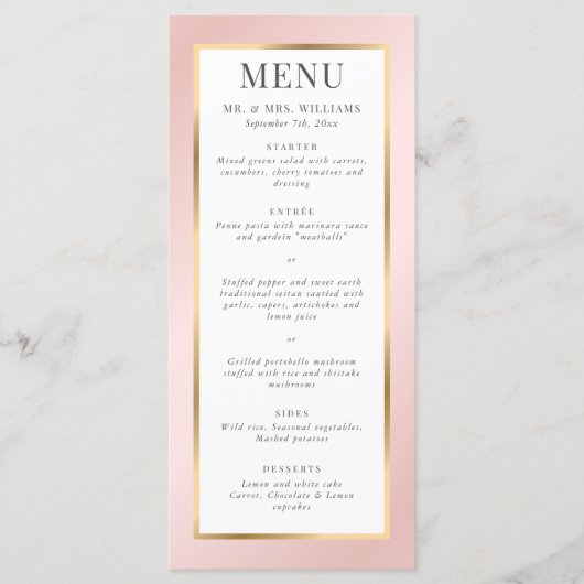 Blush Pink en Gold Elegant Modern Wedding Menu (Voorkant)