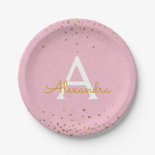 Blush Pink en Gold Foil Confetti Monogram Papieren Bordje