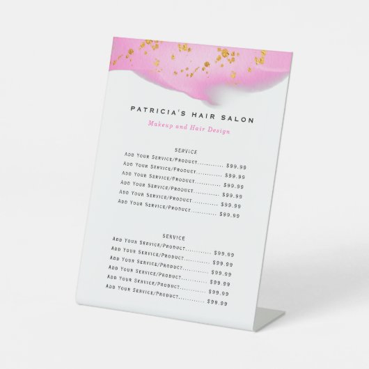 Blush Pink en Gold Glitter Biz Service Menu Reclamebord Met Voetstuk (Voorkant)
