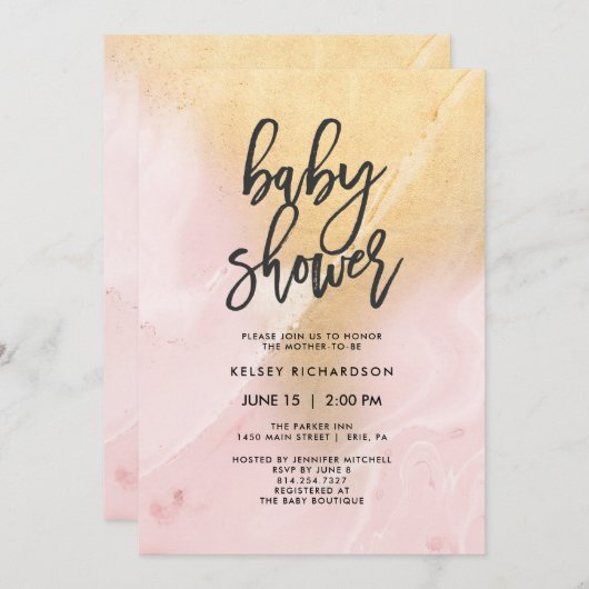 Blush Pink en Gold Marble | Baby shower Kaart (Voorkant / Achterkant)