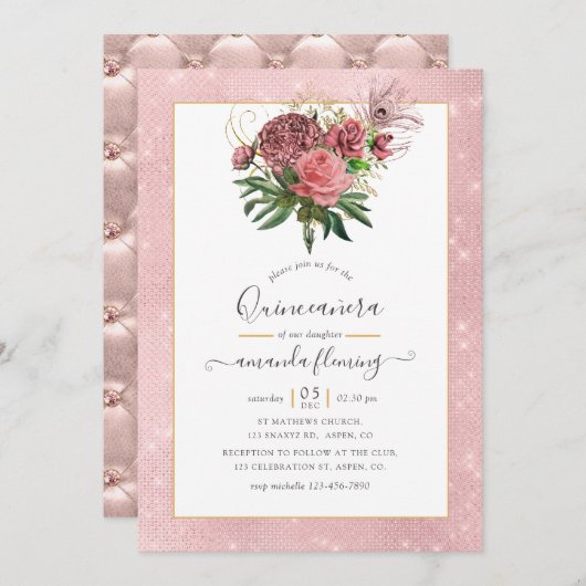 Blush Pink en Gold Masquerade Quinceañera Kaart (Voorkant / Achterkant)