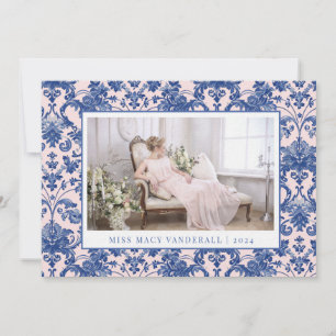 Blush Pink en Navy Blue Grandmillennial Damask Feestdagenkaart