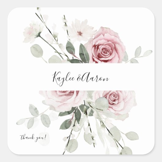 Blush PInk & Eucalyptus Floral Hartelijk dank Vierkante Sticker (Voorkant)