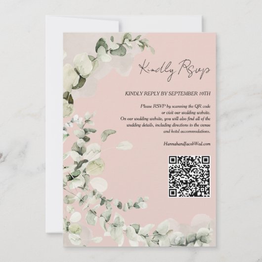 Blush PInk Eucalyptus QR Code Bruiloft Kaart (Achterkant)