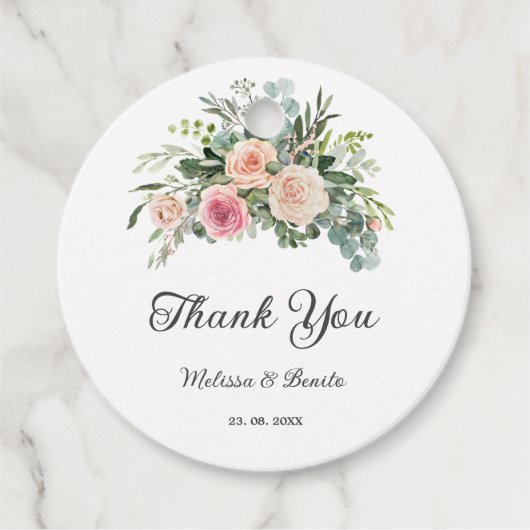 Blush Pink Eucalyptus Waterverf Geometric Weddensc Bedankjes Labels (Voorkant)