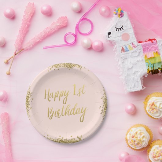 Blush Pink Faux Gold Glitter First Birthday Papieren Bordje (Feest)