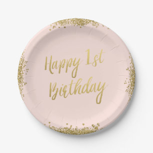 Blush Pink Faux Gold Glitter First Birthday Papieren Bordje