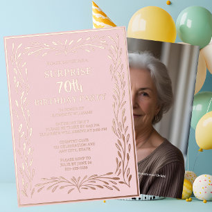 Blush Pink Feminine 70e Custom Surprise Verjaardag Folie Uitnodiging